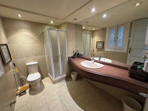 A bathroom with a shower, toilet, sink, and a large mirror.