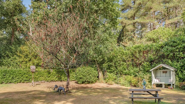 A picnic area with a bench, a birdhouse, and a signpost. - The Retreat - UK50421 (Ringwood, New Forest)