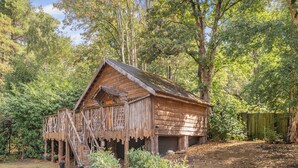 A rustic wooden cabin with a wooden deck, surrounded by dense trees and a garden with shrubs. - The Retreat - UK50421 (Ringwood, New Forest)