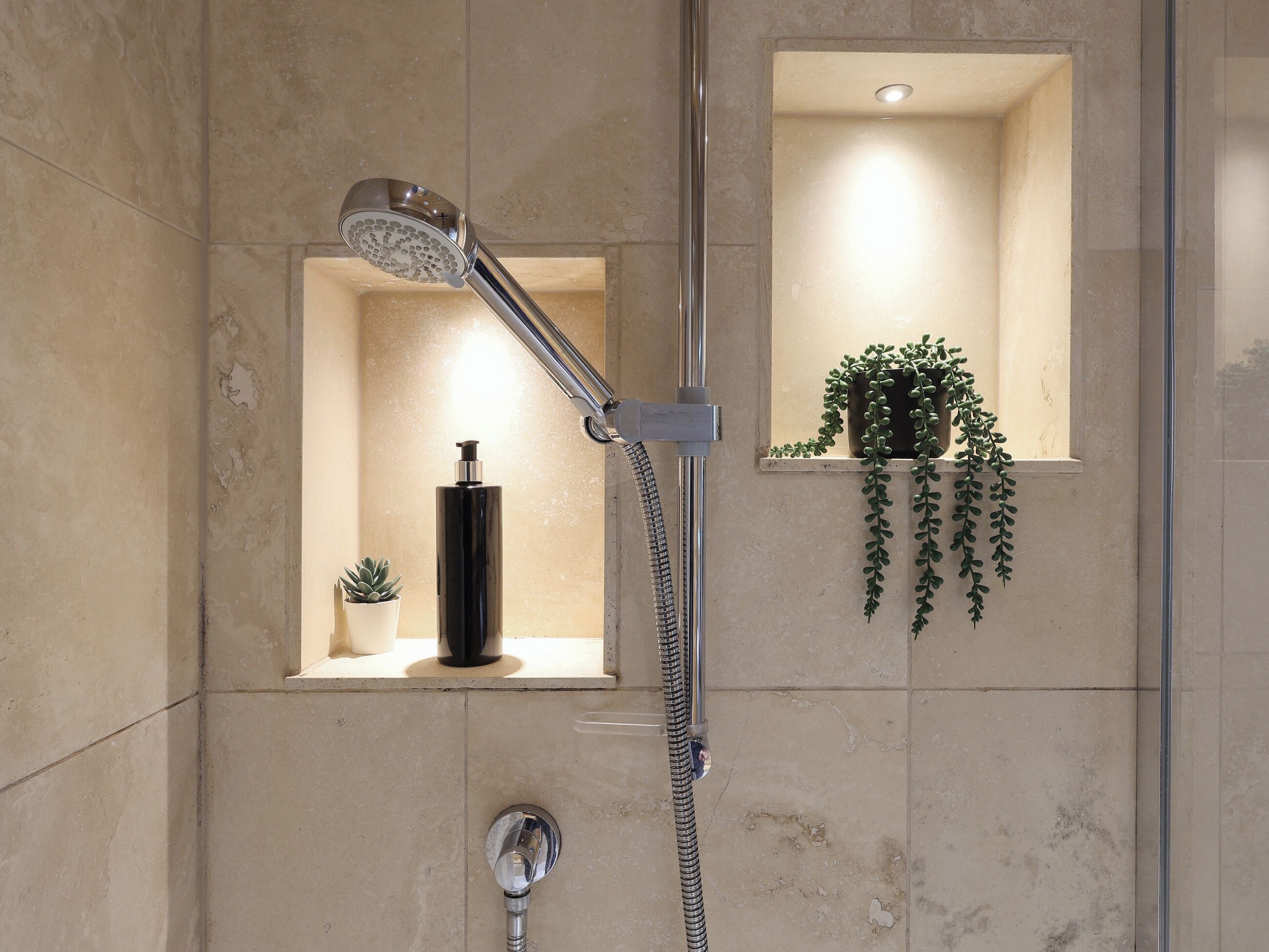 A modern bathroom with a shower, a sink, and a shelf with a plant and a bottle.