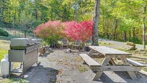 A picnic area with a grill, picnic table, and chairs. - Ice Fish, Snowshoe & Ski: Group Getaway in Summit (Summit)