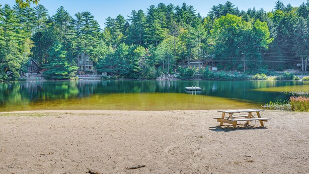 Ein Sandstrand mit einem Holztisch und einem ruhigen See, umgeben von dichter Baumvegetation.
