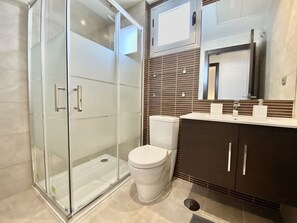 Douche, séchoir à cheveux, serviettes fournies