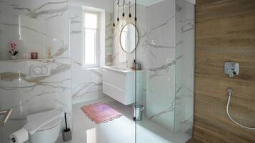 Shower, hair dryer, towels, soap