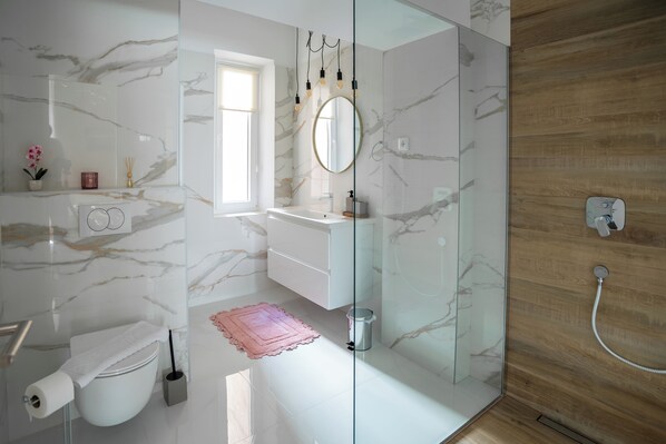 Shower, hair dryer, towels, soap