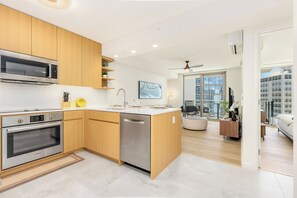 Fridge, microwave, oven, stovetop