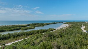 Un paysage côtier avec une rivière, une plage et une végétation luxuriante.