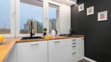 Fridge, microwave, oven, stovetop