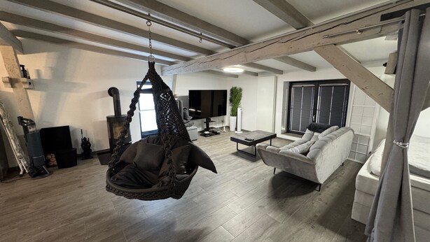 A spacious living area with a hanging chair, a sofa, a TV, and a fireplace.