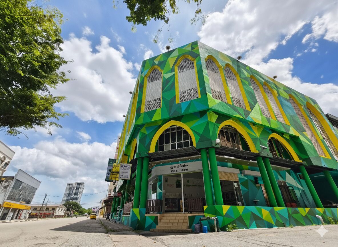 A multi-story building with green and yellow geometric patterns, large arched windows, and a visible storefront with signage.