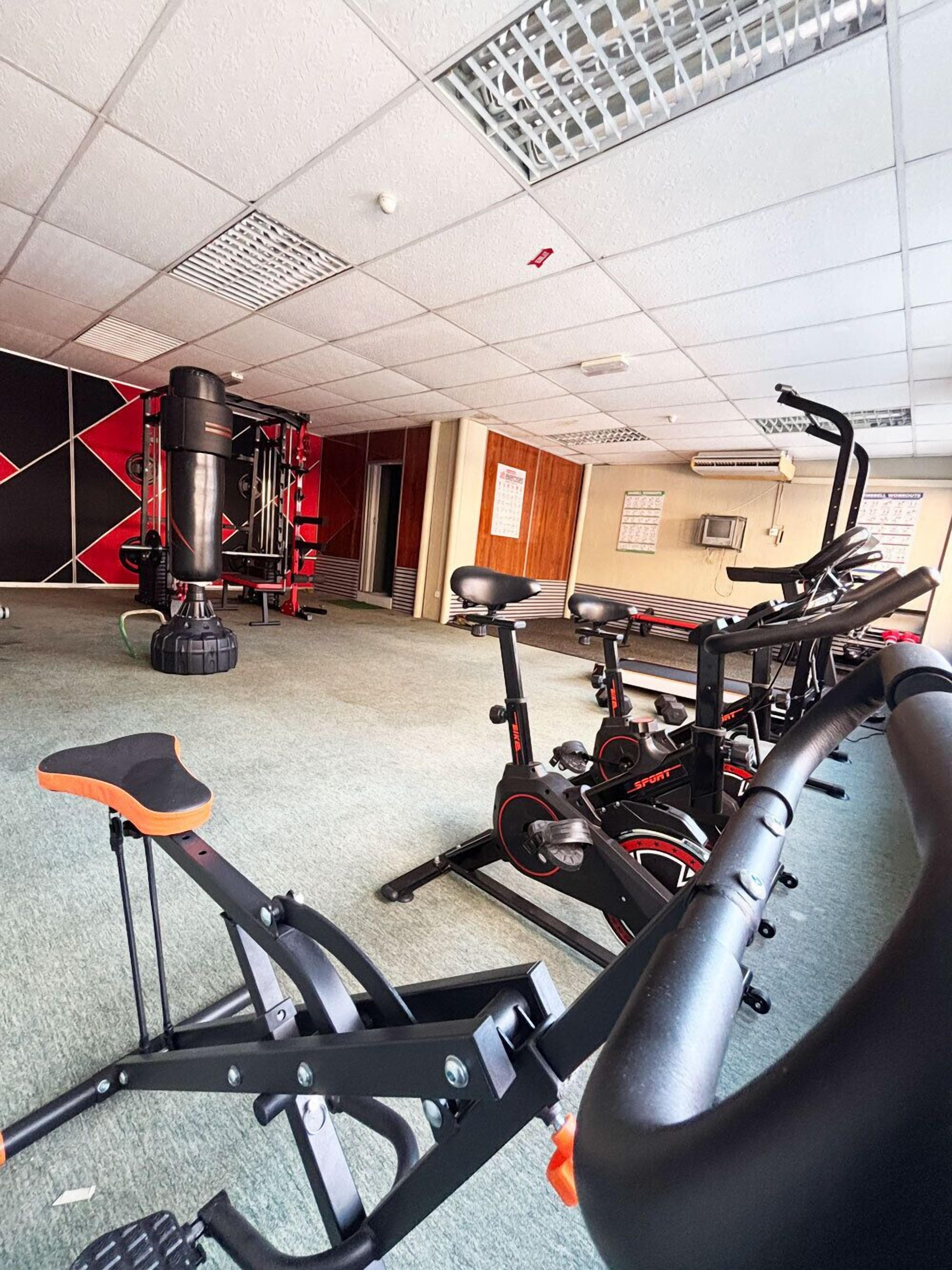A gym with stationary bikes, a punching bag, and weightlifting equipment.