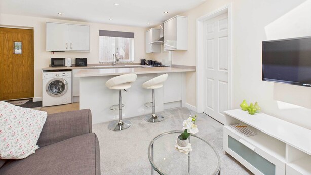 A modern kitchen with a microwave, toaster, and washing machine. There are two bar stools and a glass coffee table with a vase. A flat-screen TV is mounted on the wall.