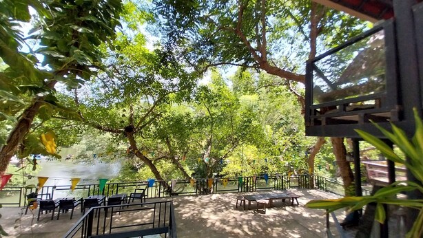 An outdoor seating area with tables and chairs, surrounded by trees and a view of a body of water.