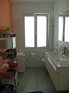 Shower, hair dryer, towels, toilet paper