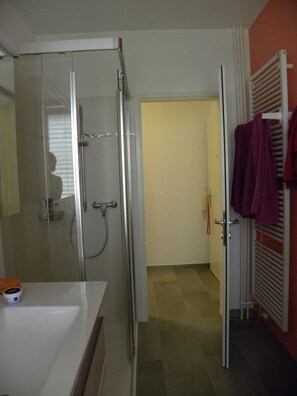 Shower, hair dryer, towels, toilet paper