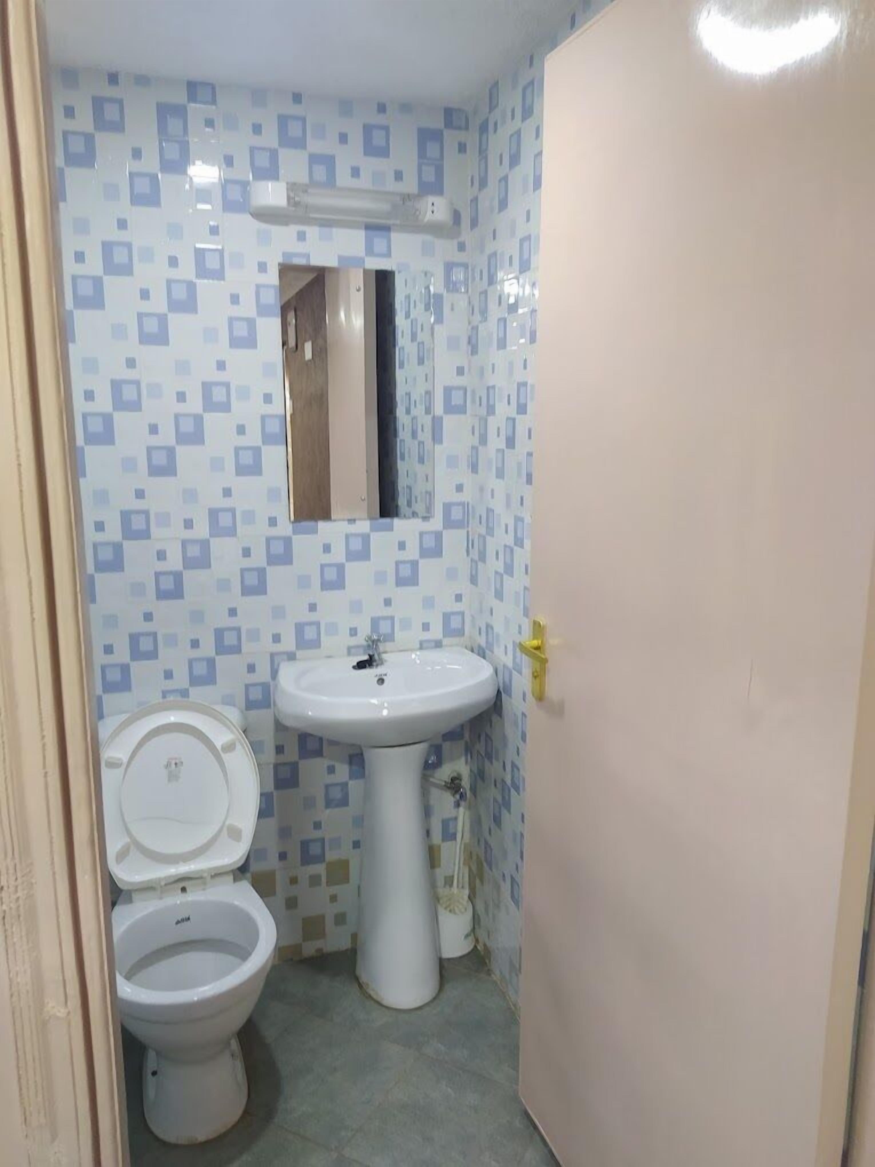 A small bathroom with a toilet, sink, and mirror. The walls are tiled with a blue and white pattern.