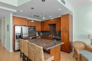 Condo, 3 Bedrooms | Private kitchen | Fridge, oven, coffee/tea maker, toaster - Sapphire Condo & Spa Unit # 406 3 Bedroom Condo (South Padre Island)