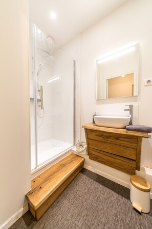 Shower, hair dryer, towels