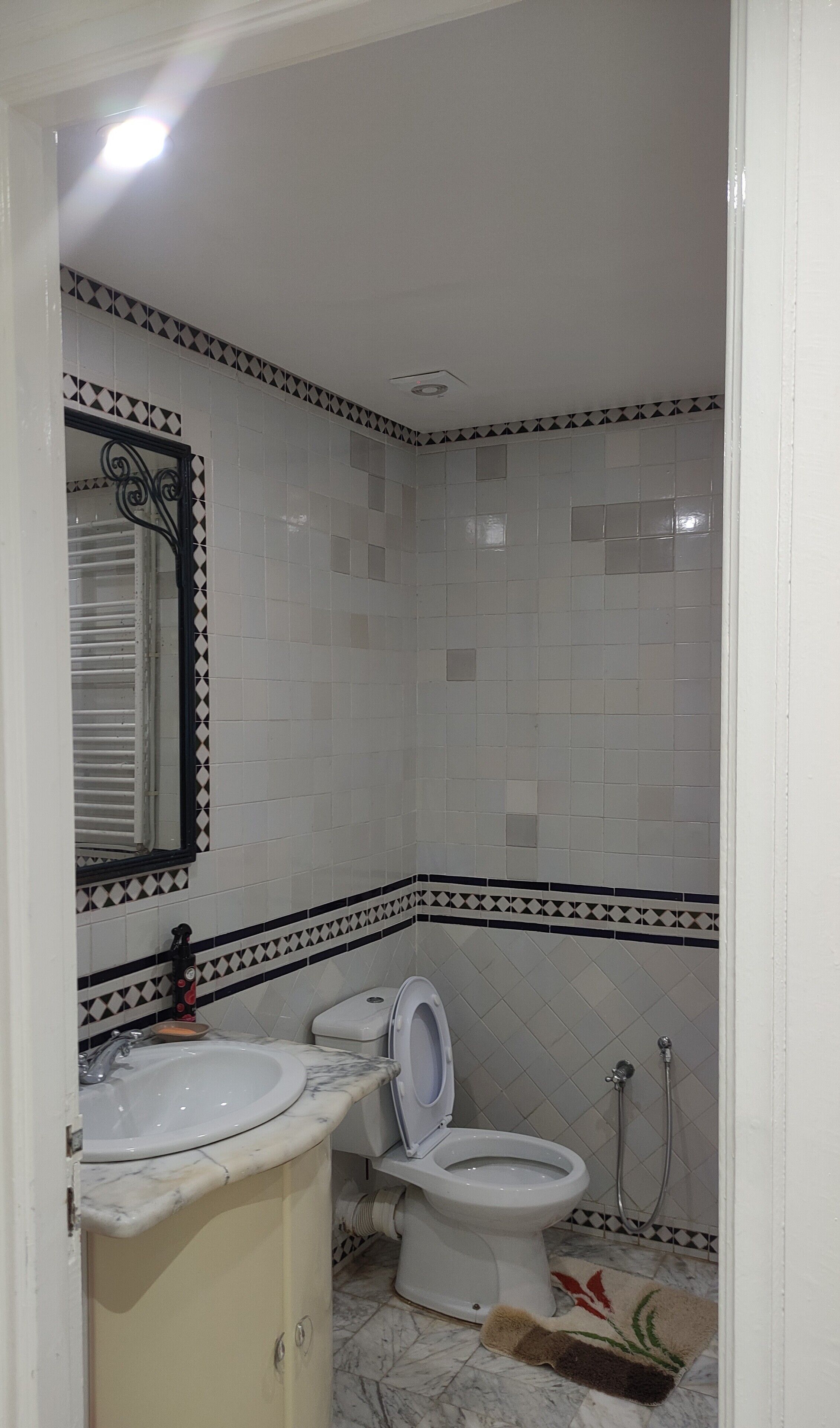 A bathroom with a toilet, sink, and shower.