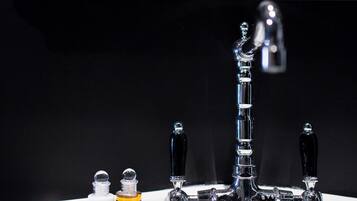 Secador de cabelo, toalhas de banho, sabonete, papel higiênico