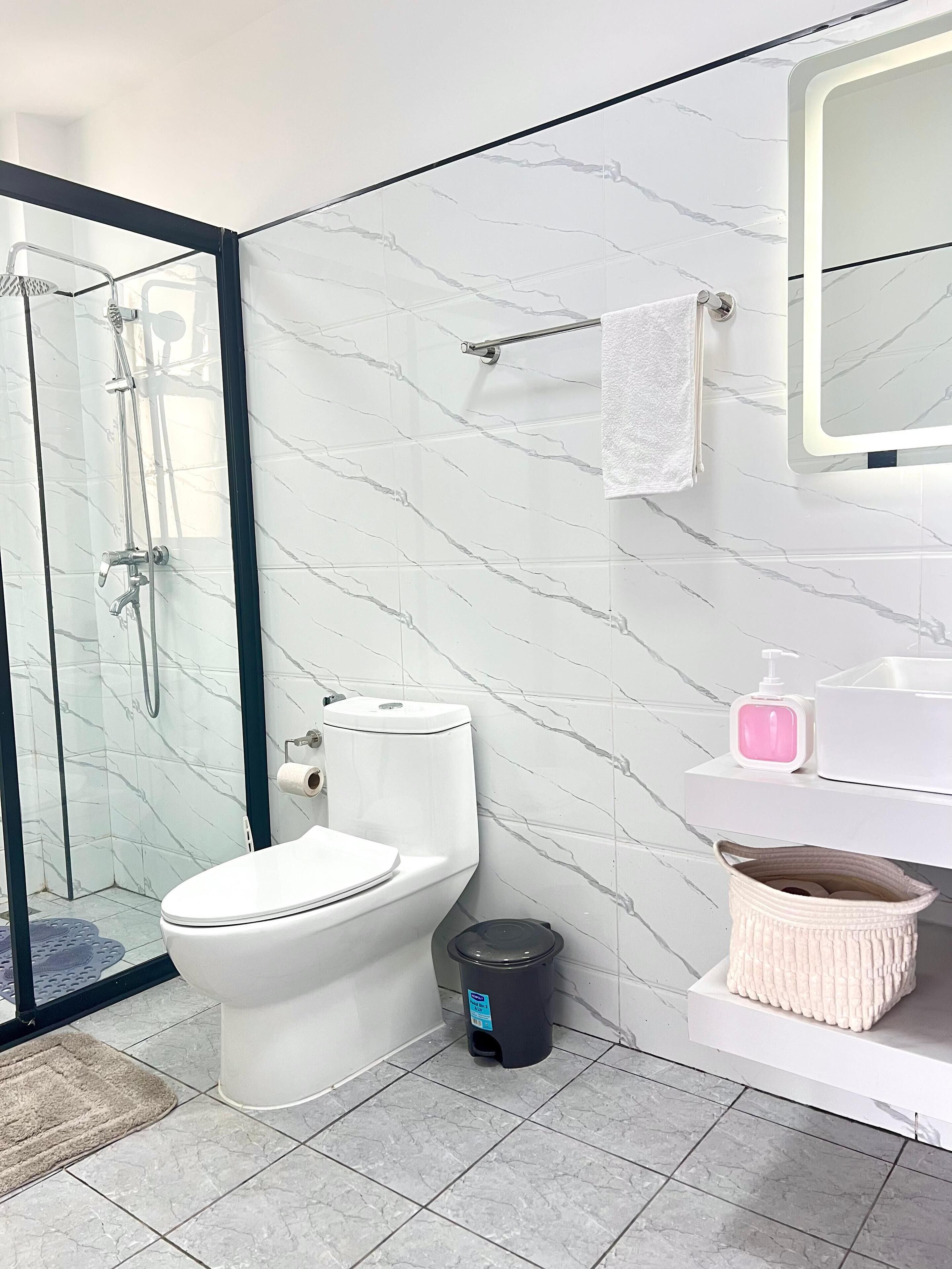 Ein modernes Badezimmer mit einer Duschkabine, einer Toilette und einem Waschbecken mit Spiegel darüber.