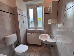 Hair dryer, towels, soap, toilet paper