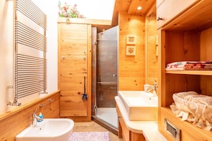 Shower, hair dryer, bidet, towels