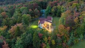 Une maison entourée d’une forêt, avec vue sur les montagnes.