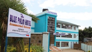 Exterior del Hotel Blue Palm, con un cartel con información de contacto y vista de la entrada del edificio.