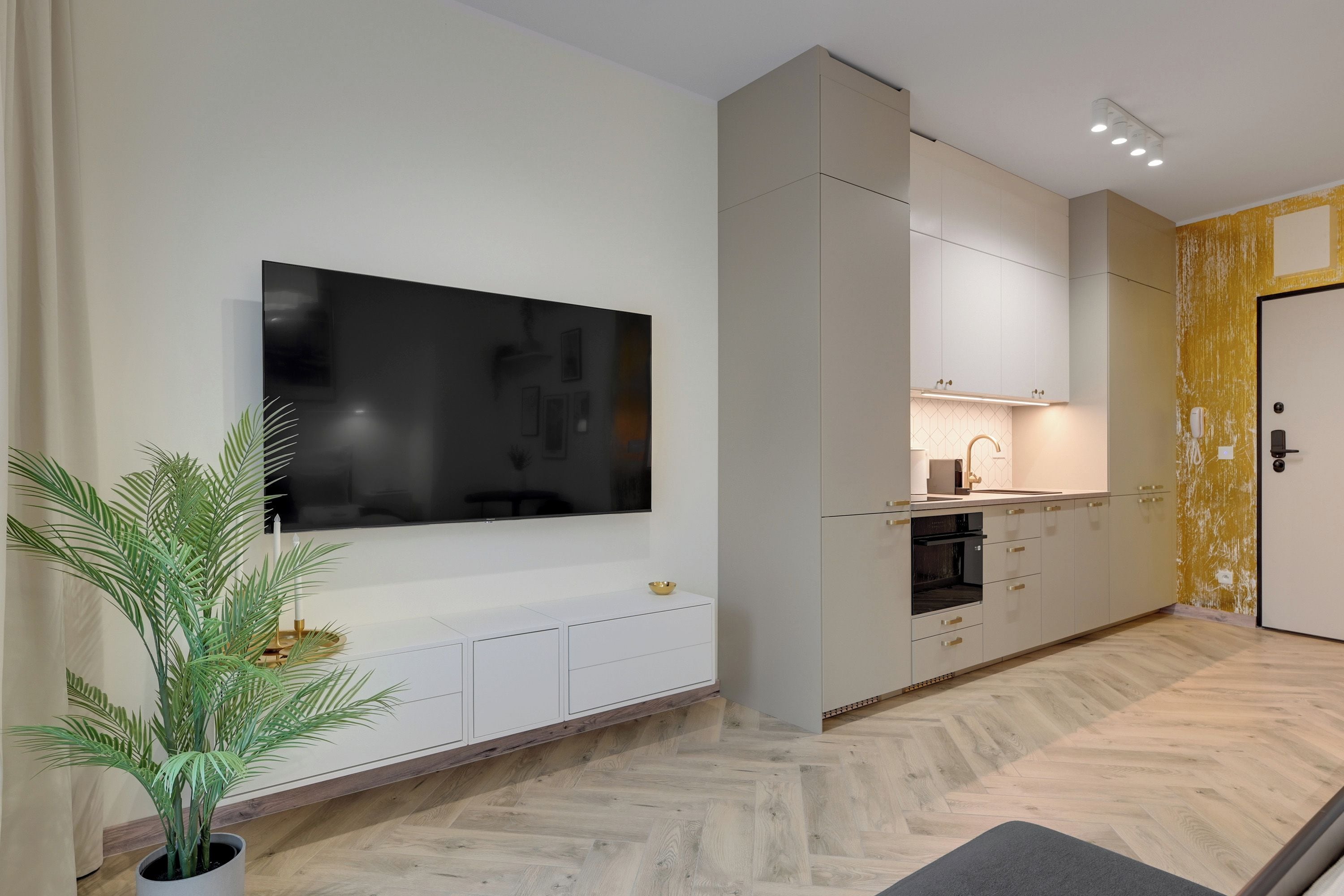 A modern kitchen with a built-in oven, a large flat-screen TV mounted on the wall, and a potted plant on the floor.