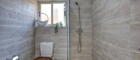 Shower, hair dryer, towels, soap