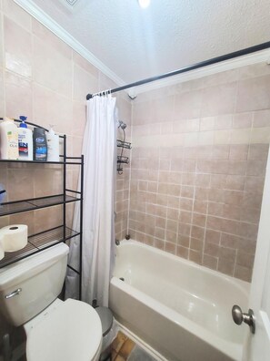 Hair dryer, towels, soap, toilet paper