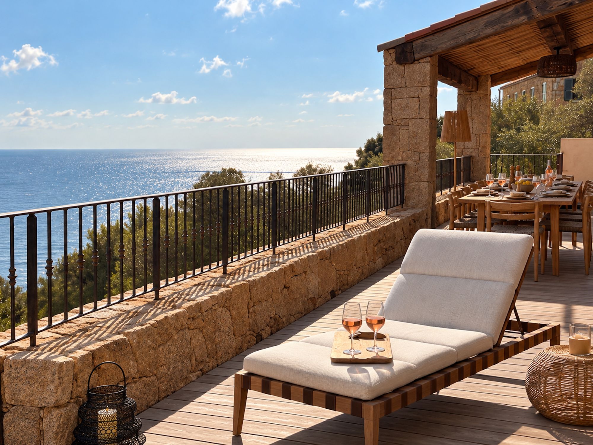 A wooden deck with a stone wall, a lounge chair, and a table set for dining with wine glasses.