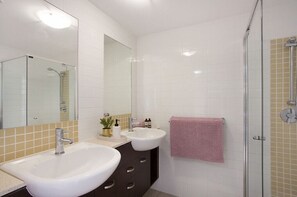 Hair dryer, towels, soap, shampoo