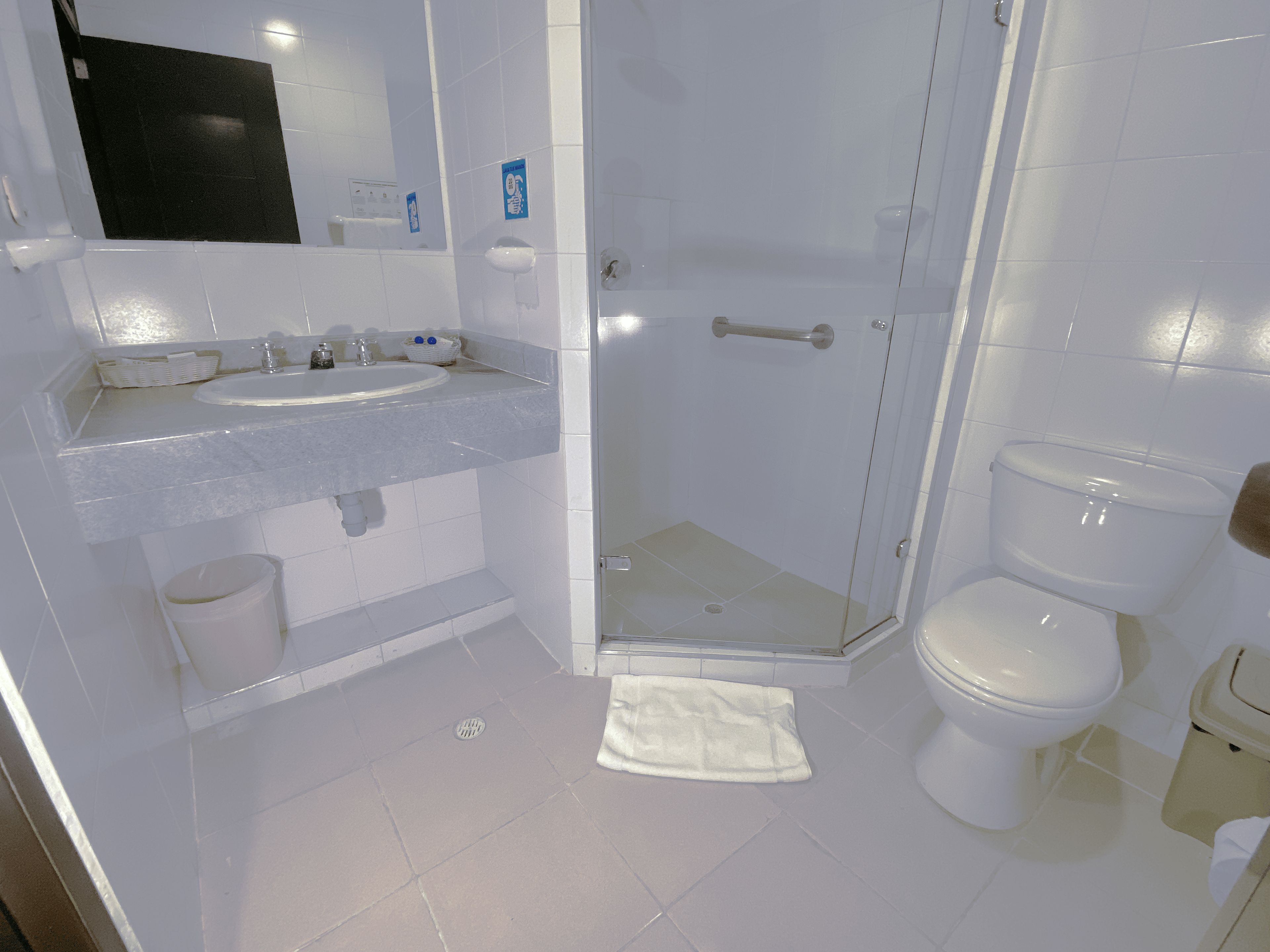 A bathroom with a shower, toilet, and sink.