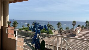 Un balcon avec vue sur la mer, une plante en pot et un toit recouvert de tuiles.