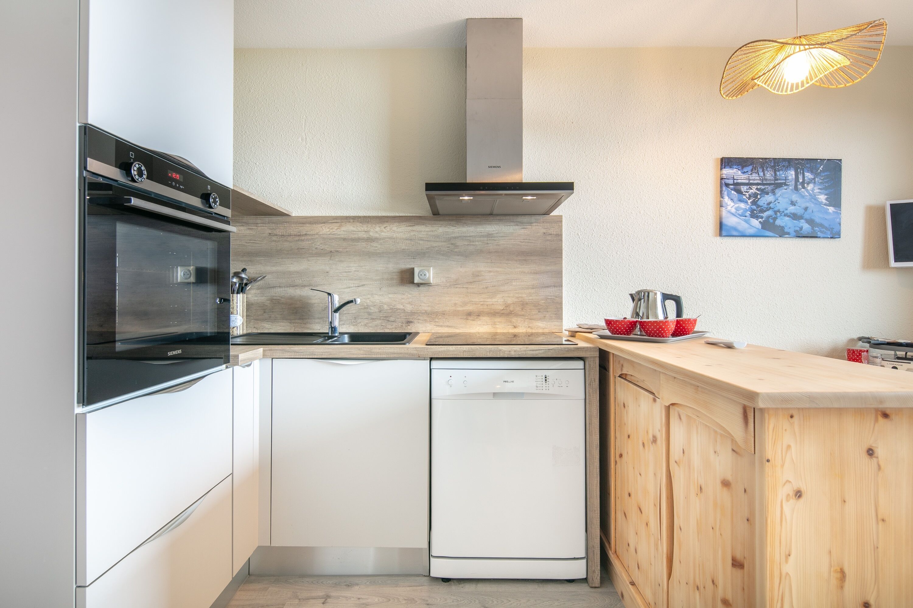 Een moderne keuken met een inbouwoven, vaatwasser en een houten aanrecht.
