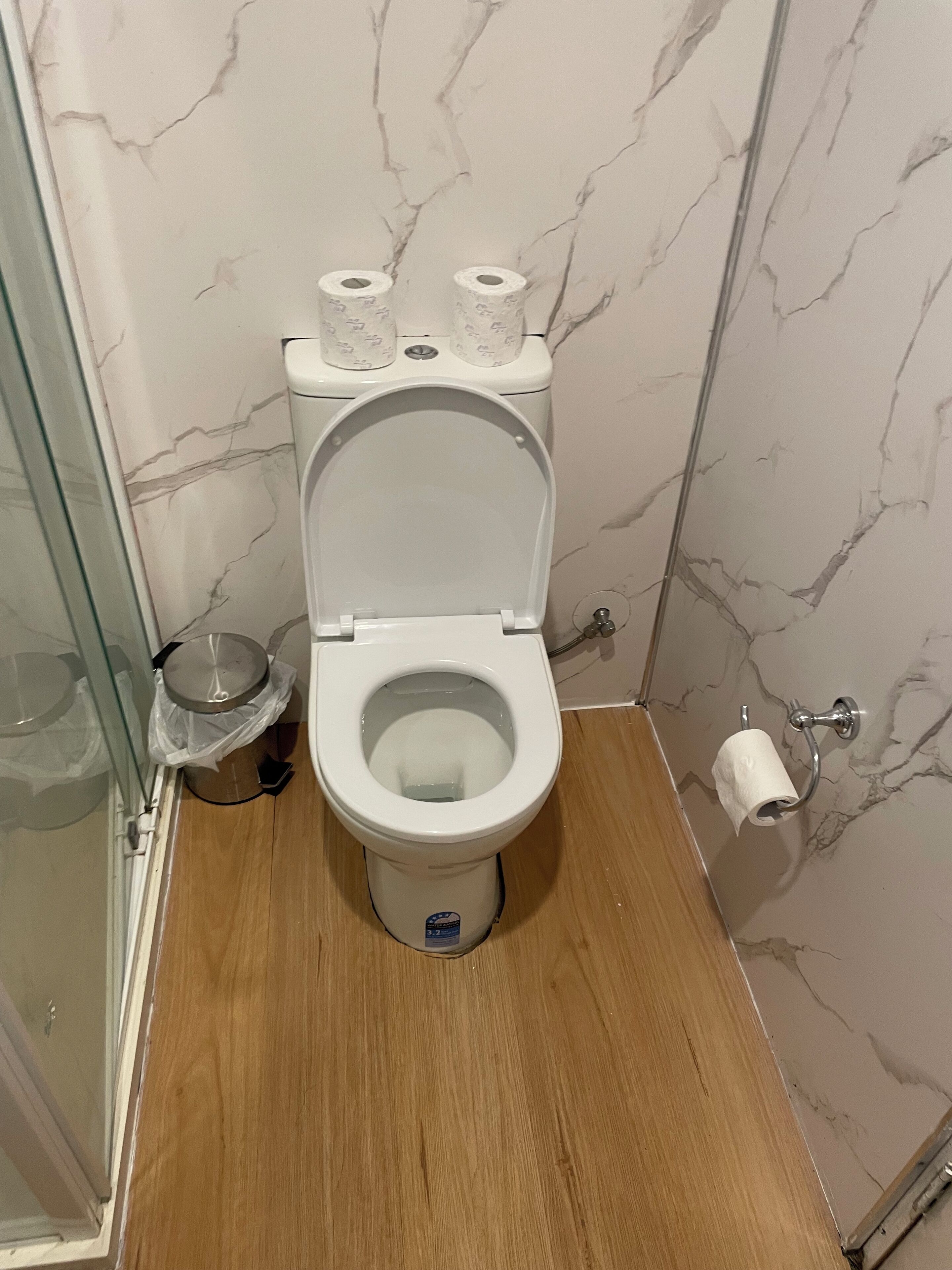 Bidet, towels, soap, toilet paper