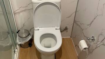 Bidet, towels, soap, toilet paper