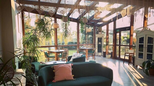 A cozy, sunlit room with a green sofa, a round table, and a dining area with chairs and a table. - Hotel Niedzwiadek (Koscierzyna)
