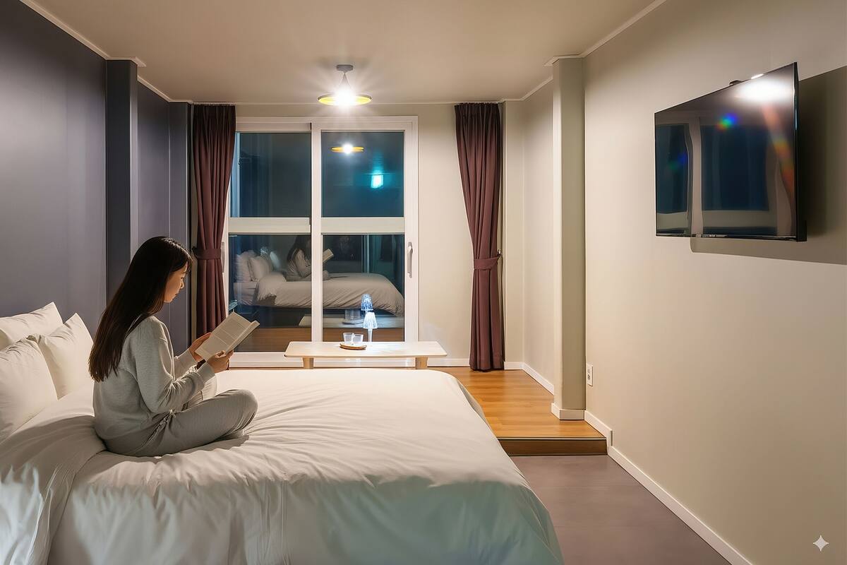 Una habitación de hotel moderna con una cama grande, una zona de lectura con una mesa y una silla, y un televisor montado en la pared.