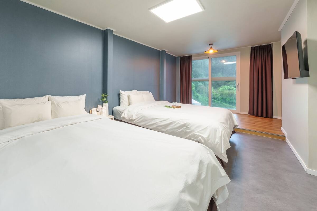 Habitación de hotel con dos camas, un tragaluz, una ventana con cortinas y un televisor de pantalla plana montado en la pared.