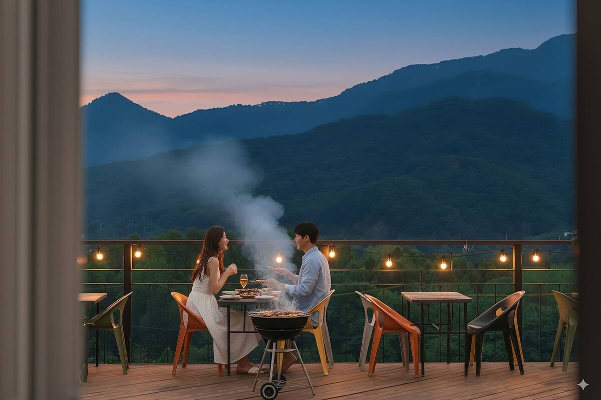 Una pareja asando al aire libre con montañas al fondo.