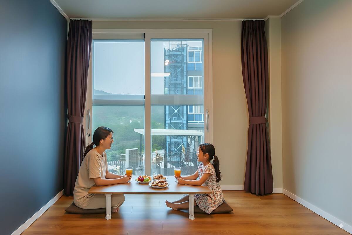Una habitación con un ventanal grande, una mesa de comedor y dos personas sentadas allí.