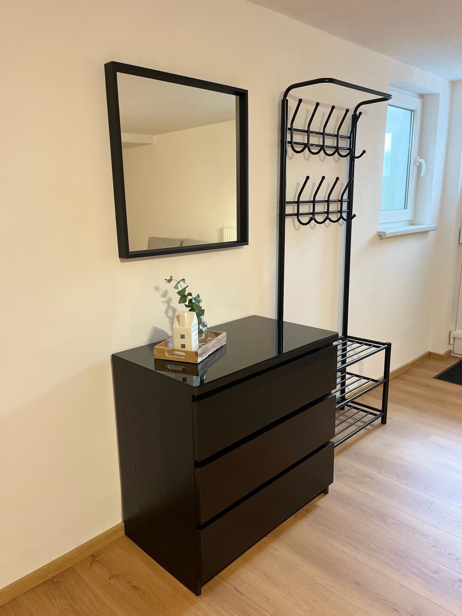 En sort kommode med et spejl over, en lille plante på kommoden, og en sort metalreol med kroge på væggen.