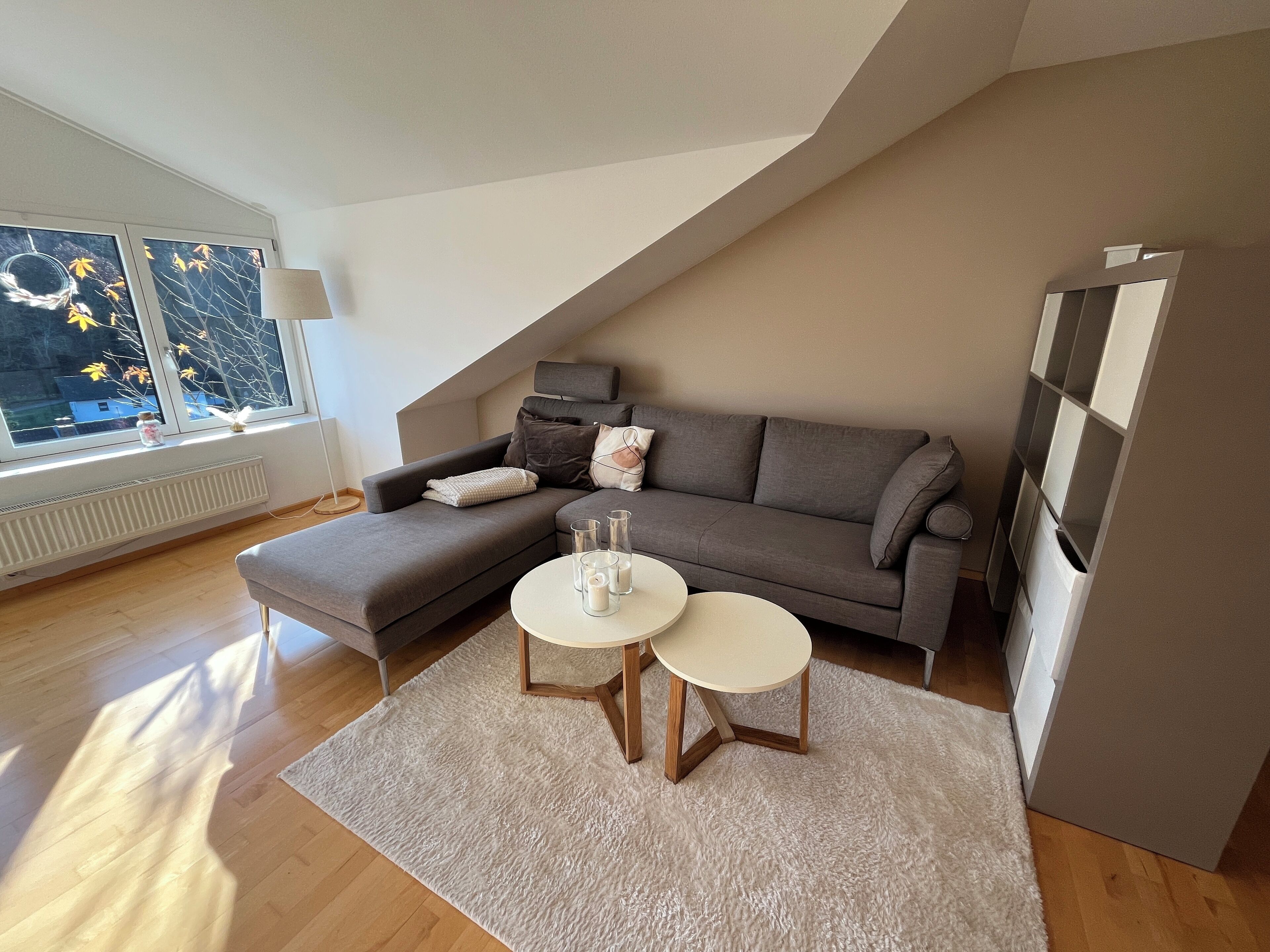 A modern living room with a grey sofa, a small round table, and a white rug.