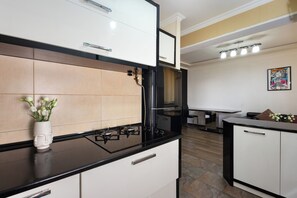 Basic Apartment, Balcony, City View | Private kitchen | Full-size fridge, stovetop, electric kettle, cookware/dishes/utensils