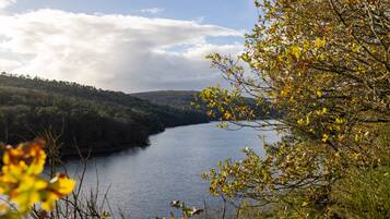 Un lago rodeado de colinas y árboles.