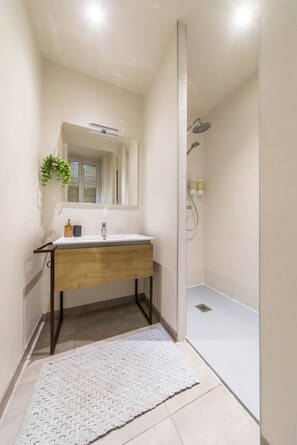 Shower, hair dryer, towels