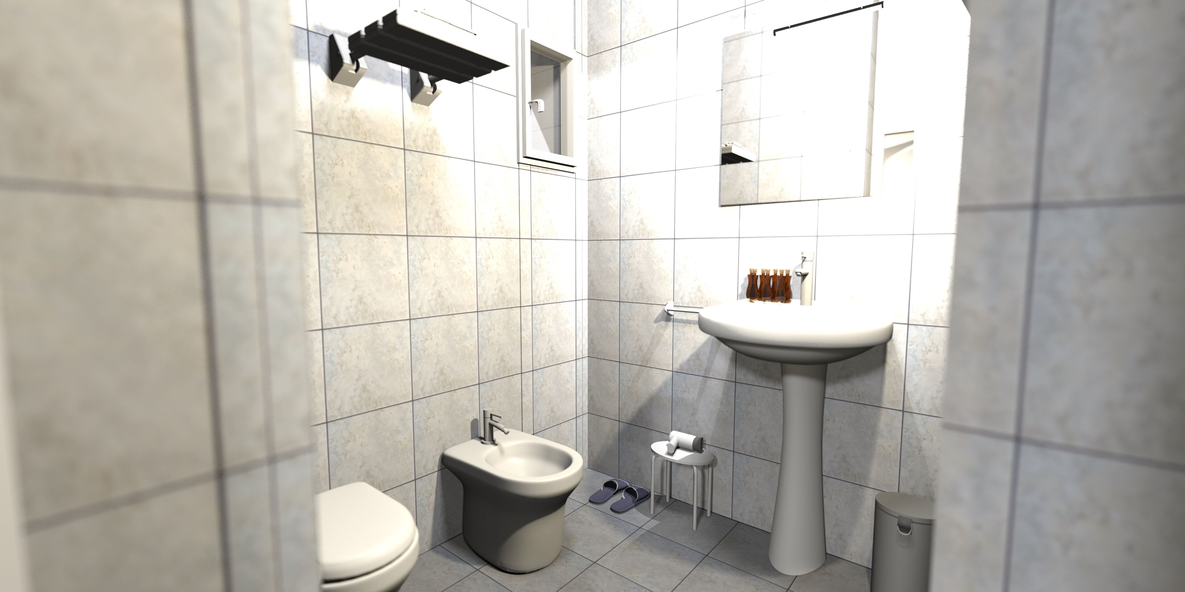 A modern bathroom with a toilet, bidet, sink, and mirror.